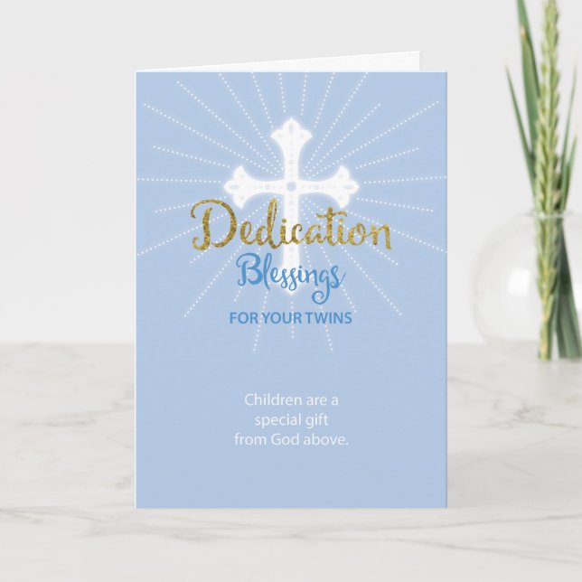 Carte Dédication jumelle Garçons Bénédiction Bleu et Or (Devant)
