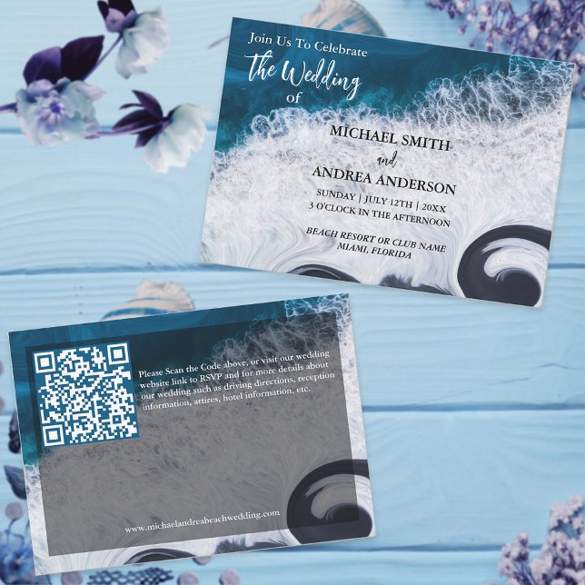 Carte Deep Blue Ocean Waves Modern Beach Wedding Code QR (Créateur téléchargé)