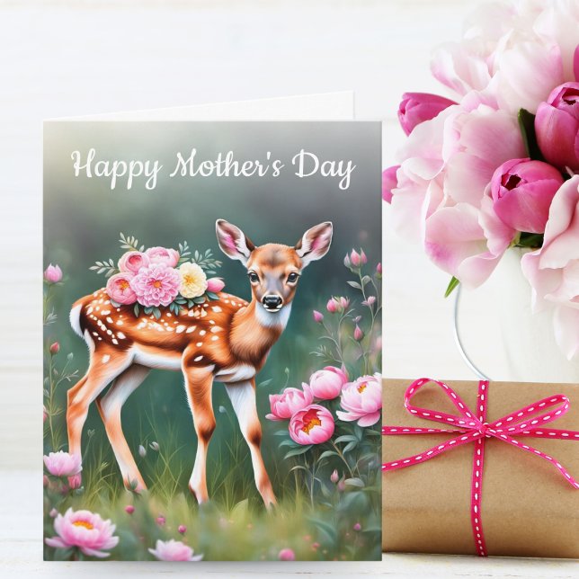 Carte Deer in Peony Garden Bonne fête des mères (A sweet Mother's day card for children and adults to give to their Mom who loves all things nature.)