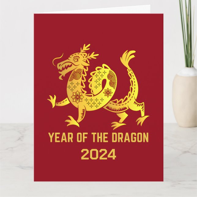 Carte Dégradé doré année du Dragon 2024 Nouvel An rouge (Devant)