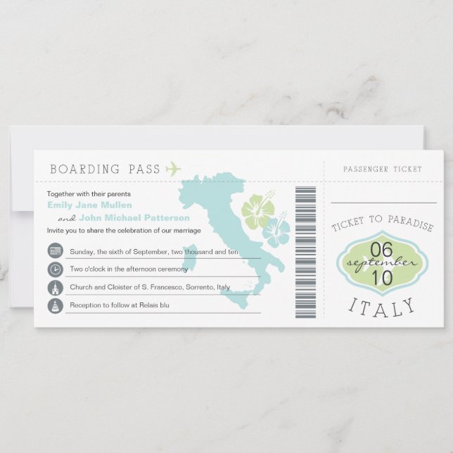 Carte d'embarquement au faire-part de mariage de (Devant)