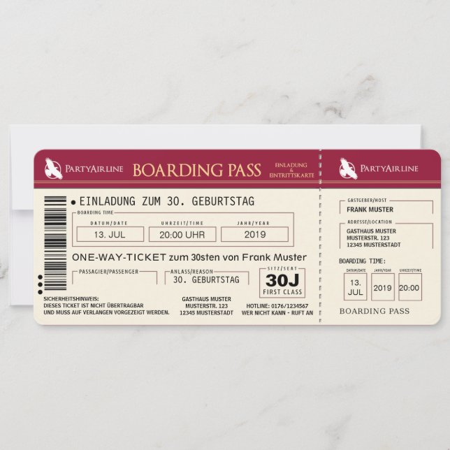 CARTE D'EMBARQUEMENT Billet d'avion Carte d'invita (Devant)