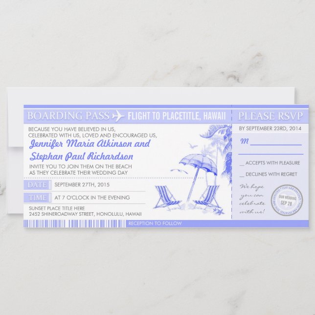 carte d'embarquement bleu tropical - invitations d (Devant)
