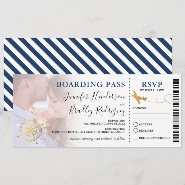 Carte d'embarquement bleue | Photo de mariage de d (Devant / Derrière)