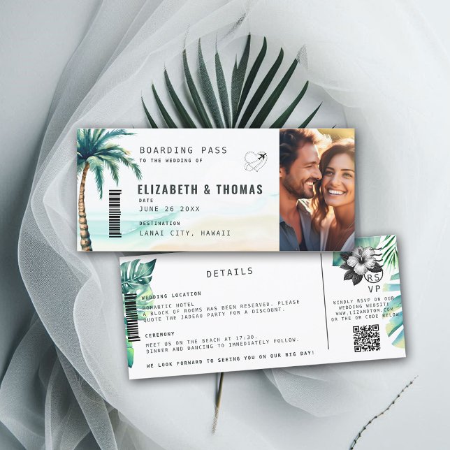 Carte d'embarquement de destination Tropical Maria (destination wedding invitation tropical hawaii boarding pass botanical palm tree watercolor)
