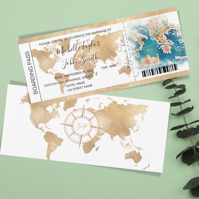 Carte d'embarquement de mariage de destination Grè (illustrated watercolor map of greece)