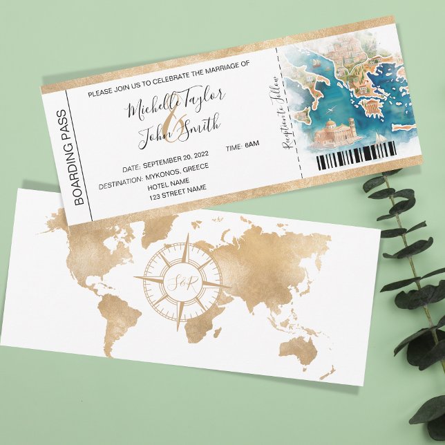 Carte d'embarquement de mariage de destination Grè (illustrated watercolor map greece)