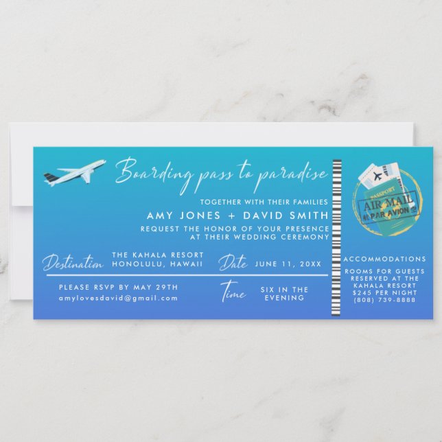 Carte d'embarquement de mariage de destination pla (Devant)