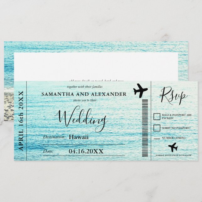 Carte d'embarquement de mariage de plage de script (Devant / Derrière)