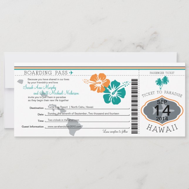 Carte d'embarquement de mariage vers Hawaï (Devant)