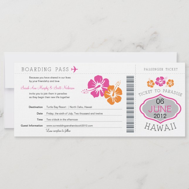 Carte d'embarquement de mariage vers Hawaï (Devant)