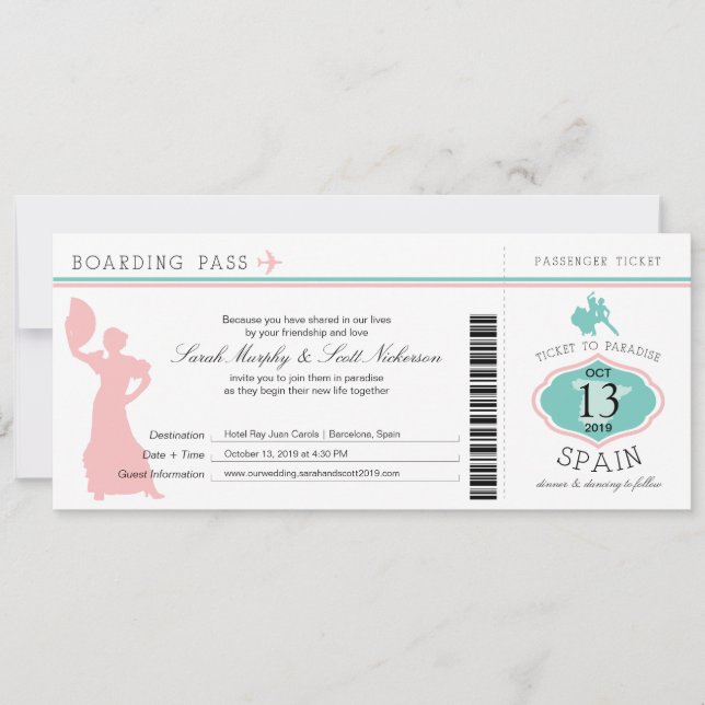 Carte d'embarquement de mariage vers l'Espagne (Devant)