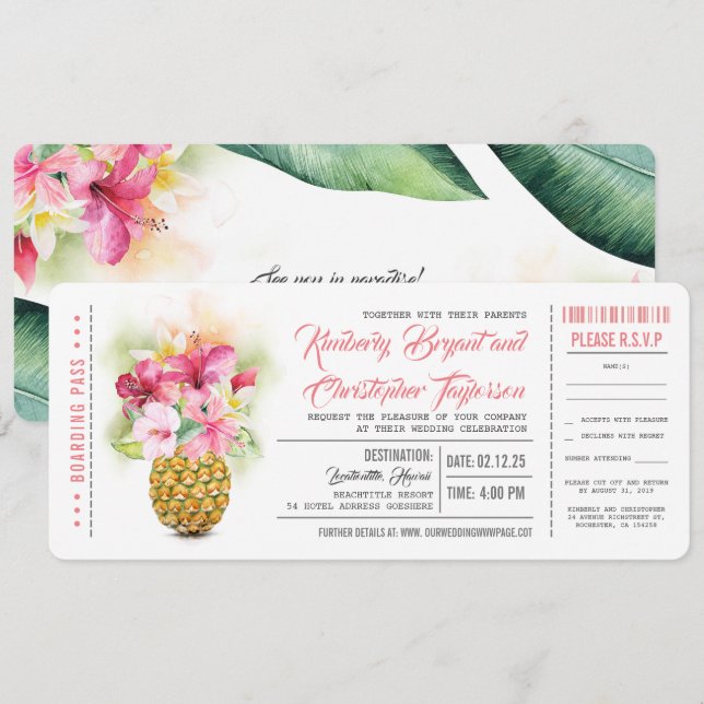 Carte d'embarquement Fleurs Ananas Mariage Tickets (Devant / Derrière)