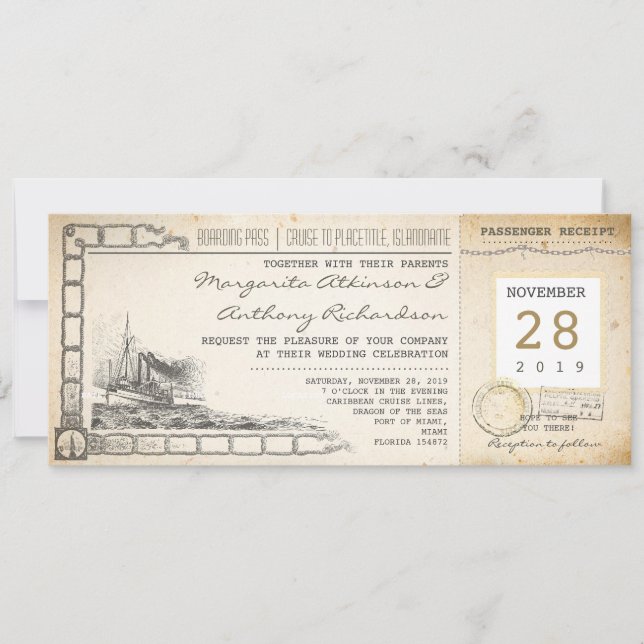 carte d'embarquement invitations de mariage vintag (Devant)