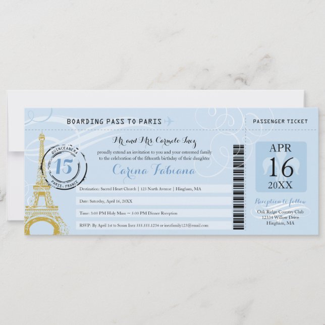 Carte d'embarquement Light Blue Quinceanera à Pari (Devant)