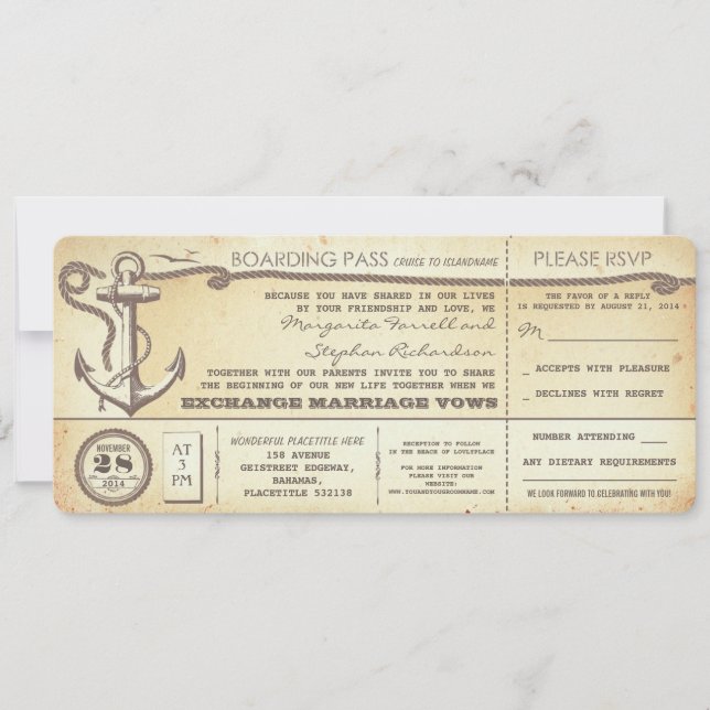 Carte d'embarquement mariage vintage avec RSVP (Devant)