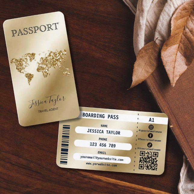 Carte d'embarquement Mondiale de maquillage de voy (passport like business card for travel agents, gold glitter world map on gold foil background)