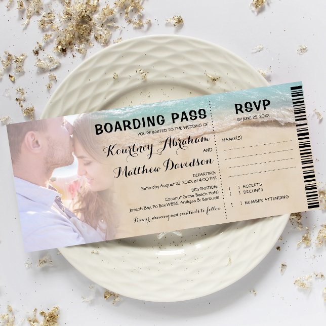 Carte d'embarquement Photo de plage RSVP & Mariage (Créateur téléchargé)