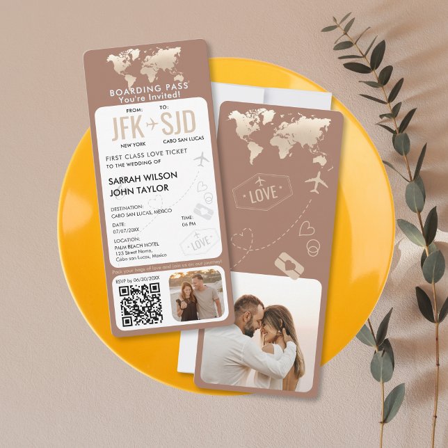Carte d'embarquement Plane Billetterie Destination (modern mocha mousse boarding pass wedding invitation)