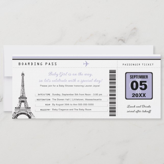 Carte d'embarquement pour filles Baby shower à Par (Devant)