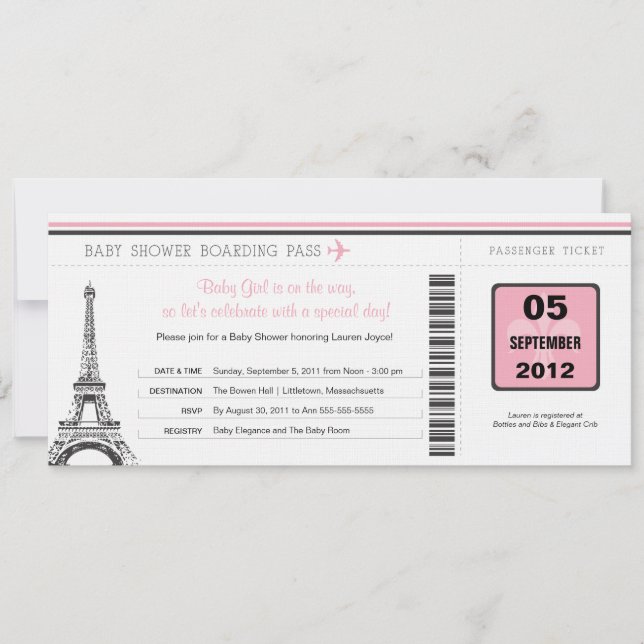 Carte d'embarquement pour filles Baby shower à Par (Devant)