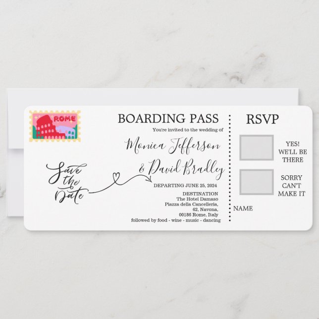 Carte d'embarquement pour mariage à Rome, Italie (Devant)