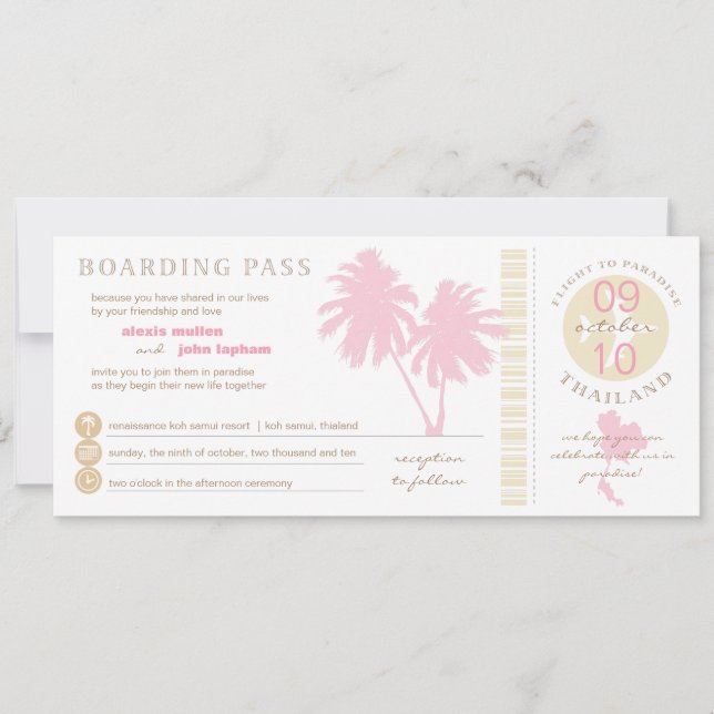 Carte d'embarquement rose et jaune au mariage de (Devant)