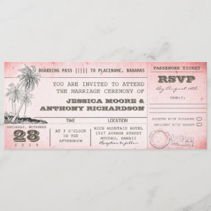 carte d'embarquement rose vintage de mariage avec