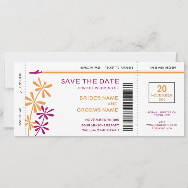Carte d'embarquement tropical Enregistrer la date  (Devant)