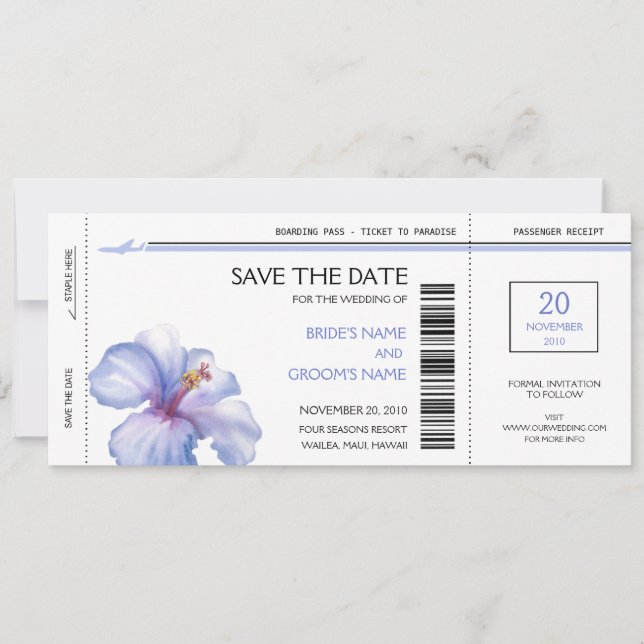 Carte d'embarquement tropical Enregistrer la date  (Devant)