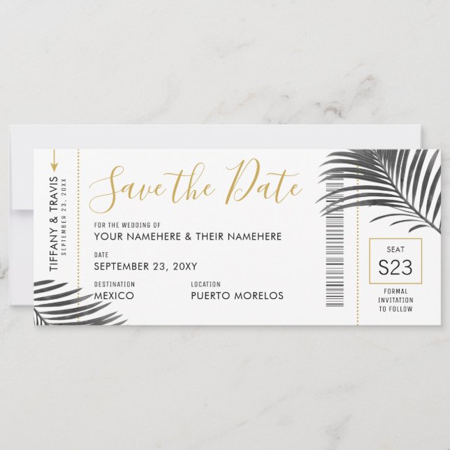 Carte d'embarquement Tropical Palm Leaf Save Date  (Devant)