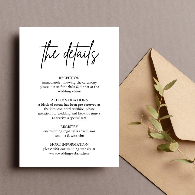 Carte d'encart de détails de mariage minimaliste (Minimalist enclosure card shares wedding details with clean, elegant simplicity.)