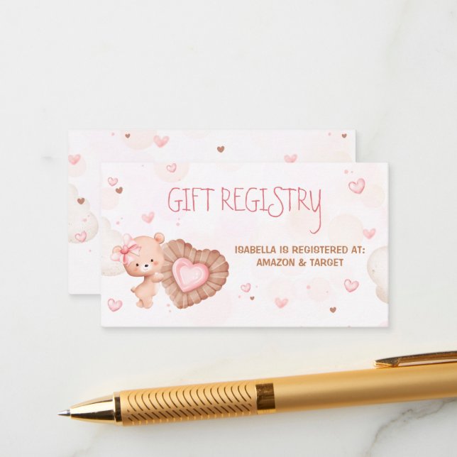 Carte d'enregistrement cadeau de Baby shower rose  (Devant/Arrière en situation)