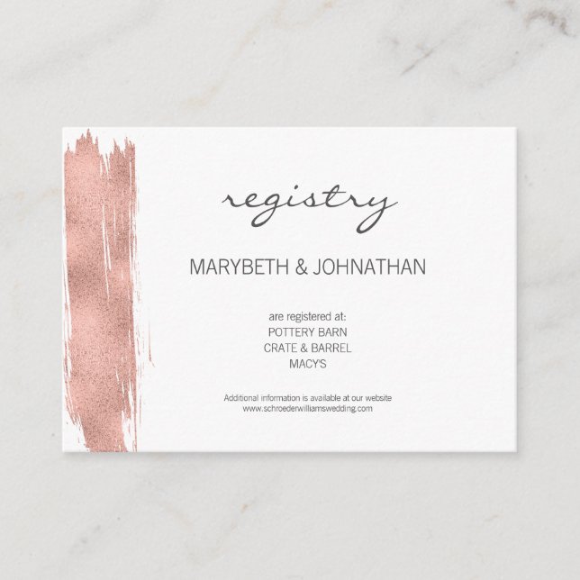 Carte d'enregistrement du Mariage Rose Gold Brusch (Devant)