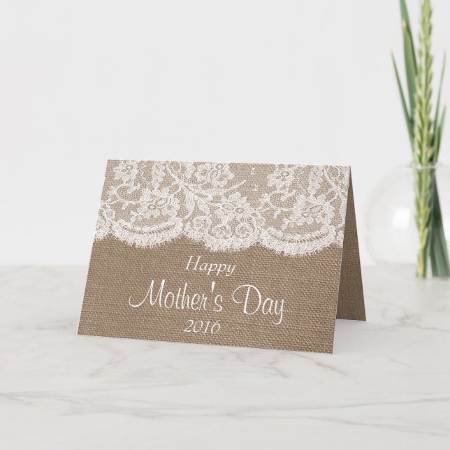 Carte Dentelle blanche sur Burlap rustique Bonne fête de (Devant)