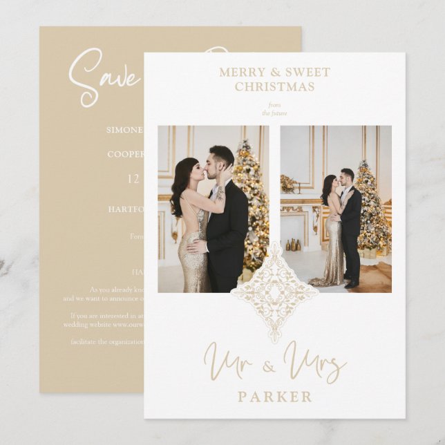 Carte Dentelle de luxe MR & MRS Mariage de Noël 2 Photos (Devant / Derrière)
