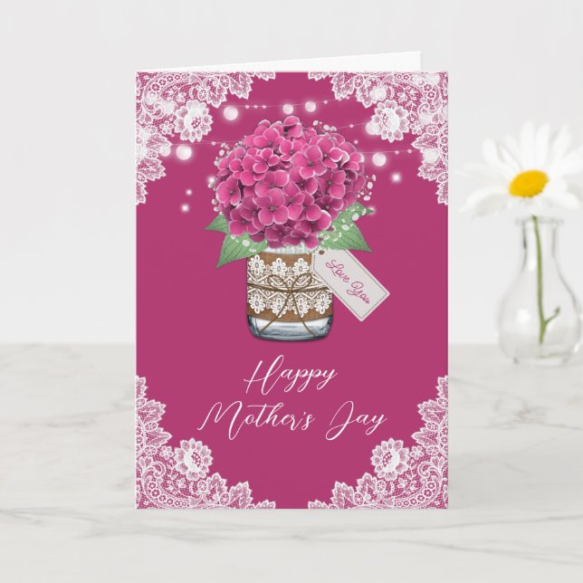 Carte Dentelle rose floral rustique Hydrangea Fête des M (Petite plante)