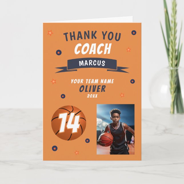 Carte d'entraîneur Merci photo de balle de basket  (Devant)