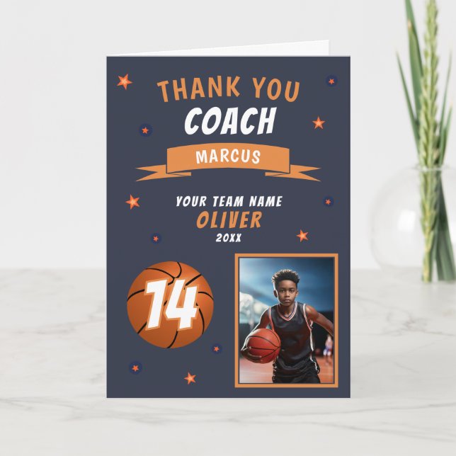 Carte d'entraîneur Merci photo de balle de basket  (Devant)