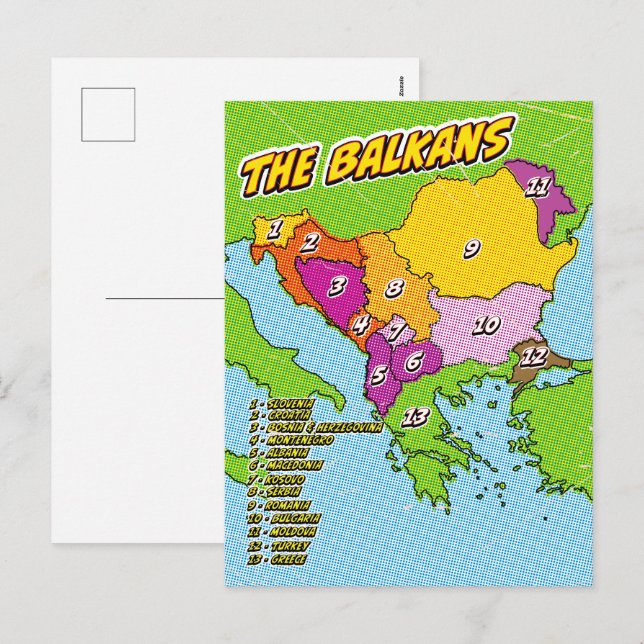 Carte des Balkans illustrée par Pop Art (Devant / Derrière)