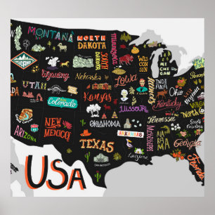 Carte des États-Unis : Affiche illustrée