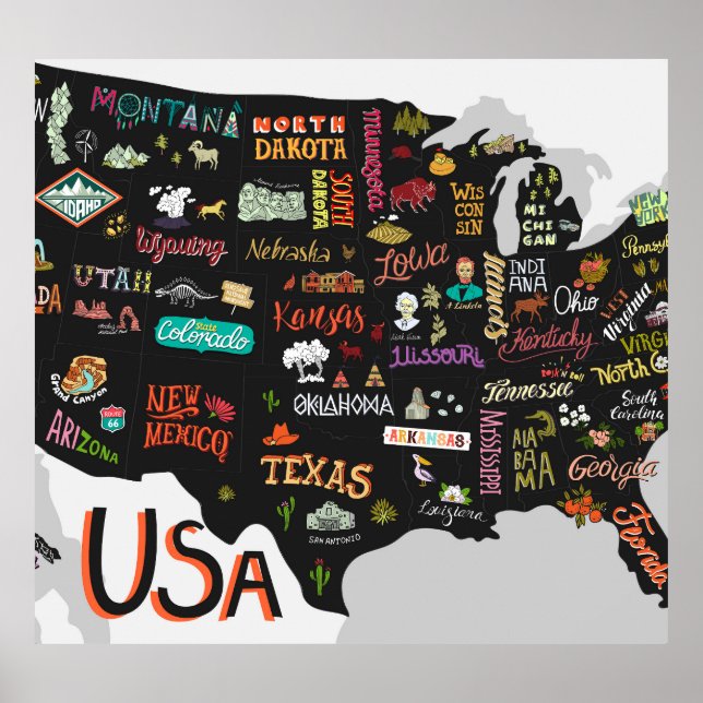 Carte des États-Unis : Affiche illustrée (Devant)