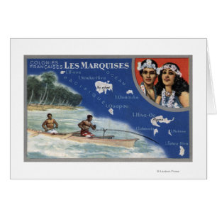Carte des îles, indigènes dans un canoë