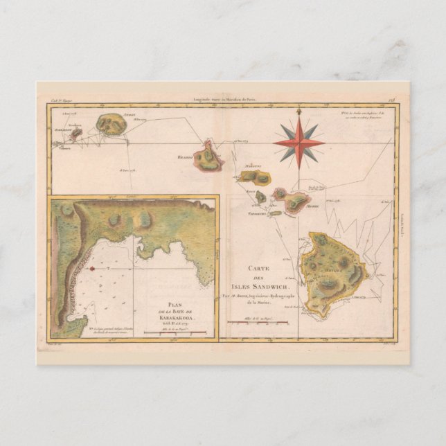 'Carte des Isles Sandwich', vintage Hawaii map Postcard (Front)
