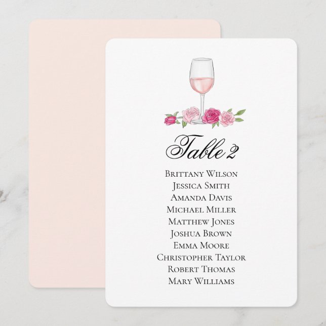 Carte des places roses. Verre de vin. Mariage flor (Devant / Derrière)
