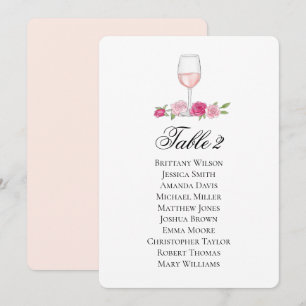 Carte des places roses. Verre de vin. Mariage flor