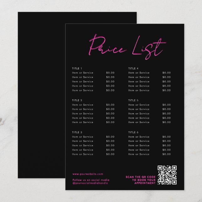 Carte des prix de beauté rose et noir Neon Menu Co (Devant / Derrière)