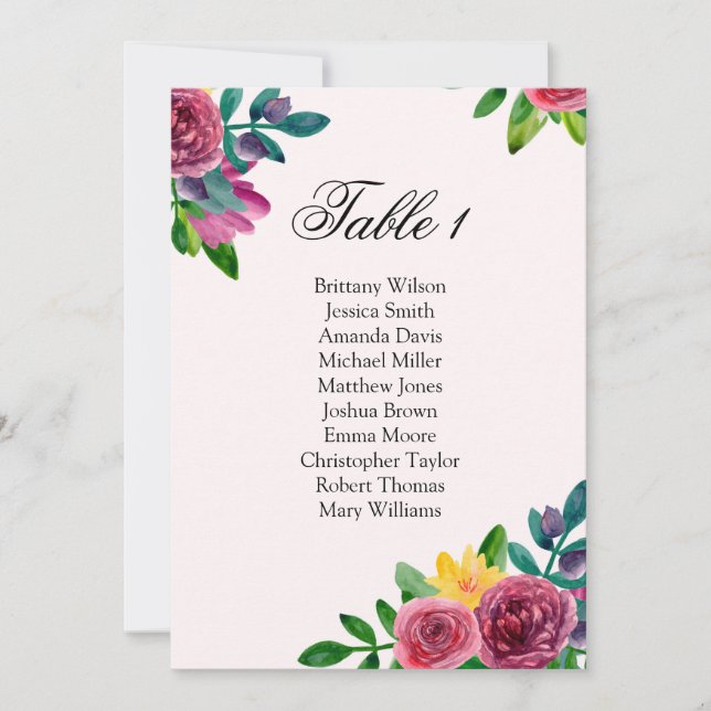 Carte des sièges mariages de fleurs romantiques. P (Devant)