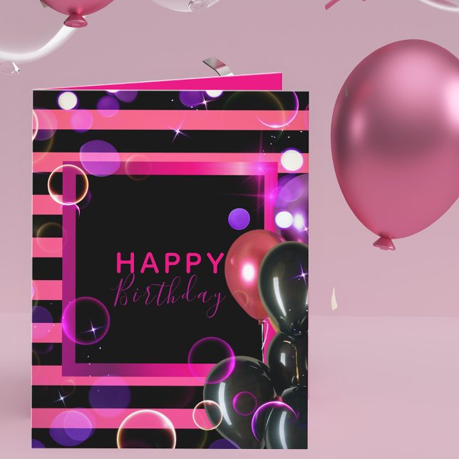 Carte Design Chic Chic Rose Et Noir Joyeux Anniversaire (Créateur téléchargé)