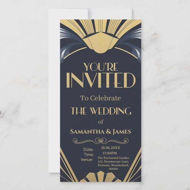 Carte Design Mariage Art Déco élégant - Marine & Or (Devant)